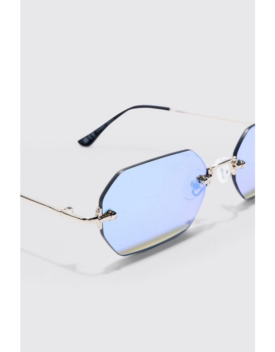 Hexagonal Rimless Sunglasses - blue - 3