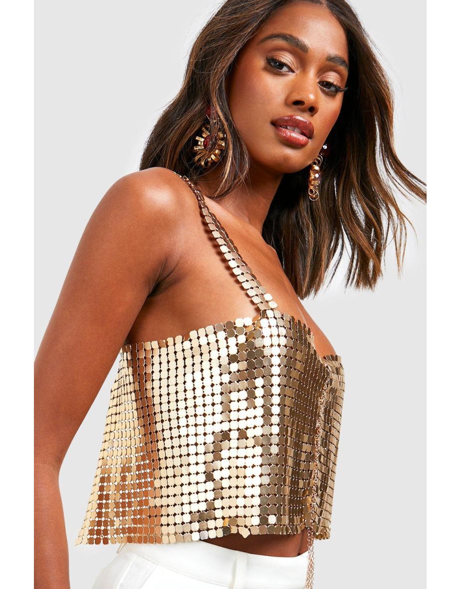 Chainmail Square Neck Cropped Top - gold