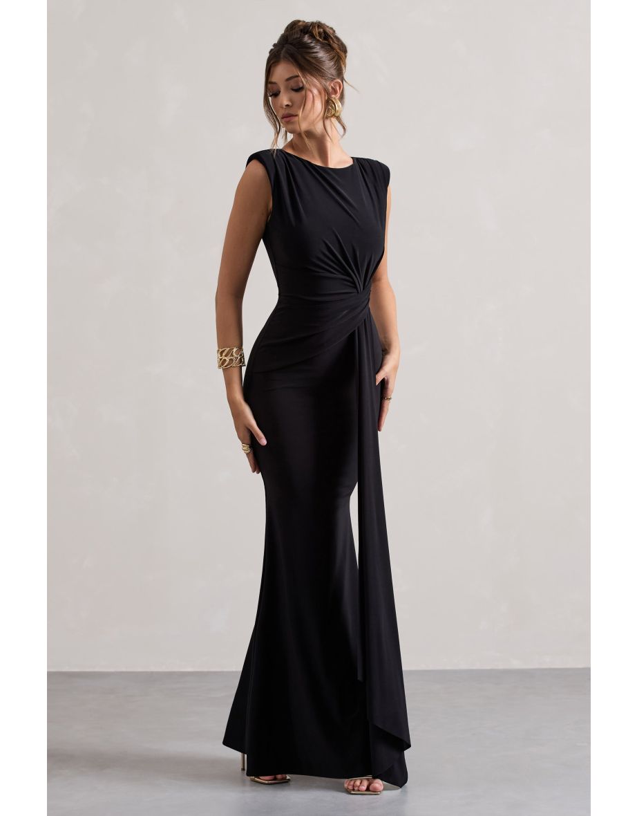 Kadie | Black Sleeveless Gathered Maxi Dress With Drape - 4