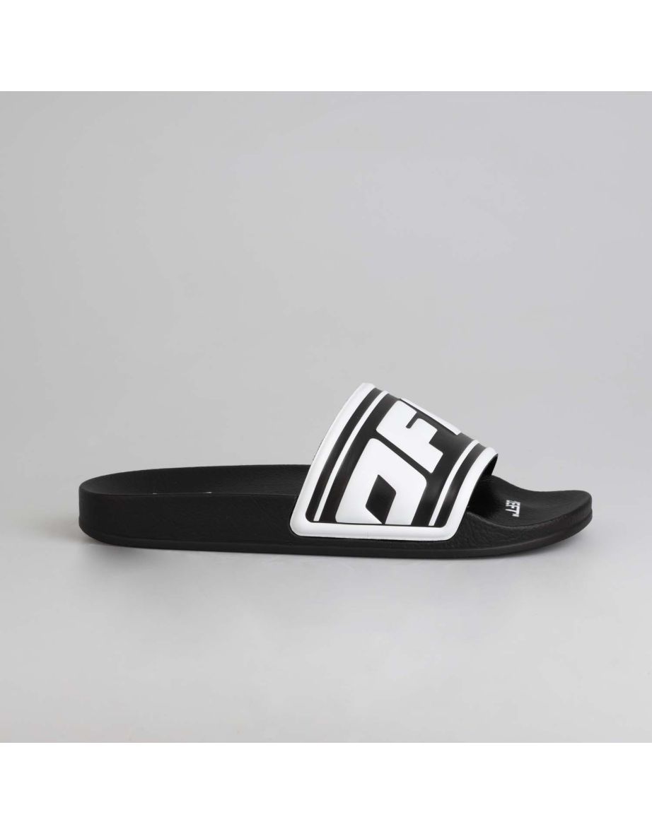 Women's Off White Logo Pool Sliders in Black