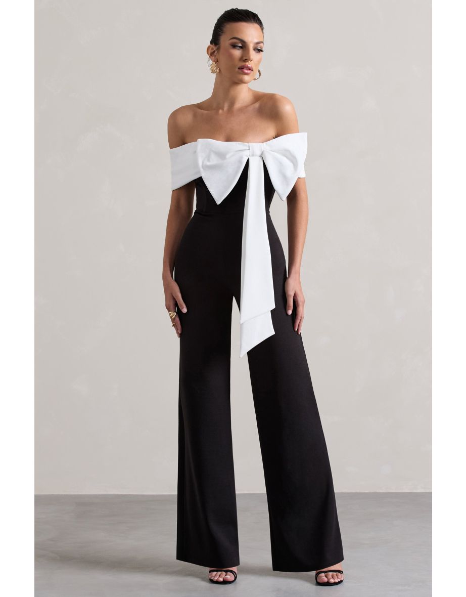 Bower | Black Bardot Straight-Leg Jumpsuit With Bow