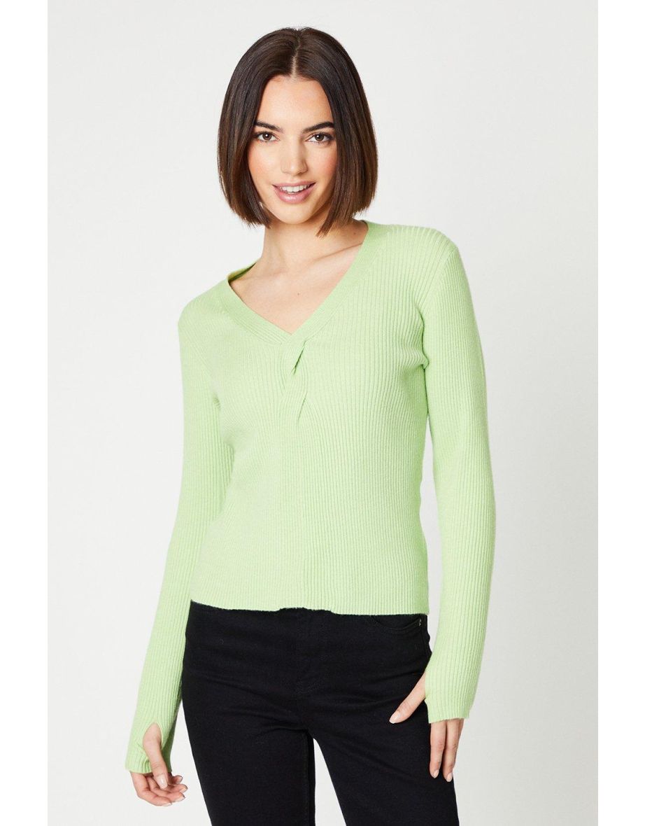 Rib Plait Front V Neck Sweater