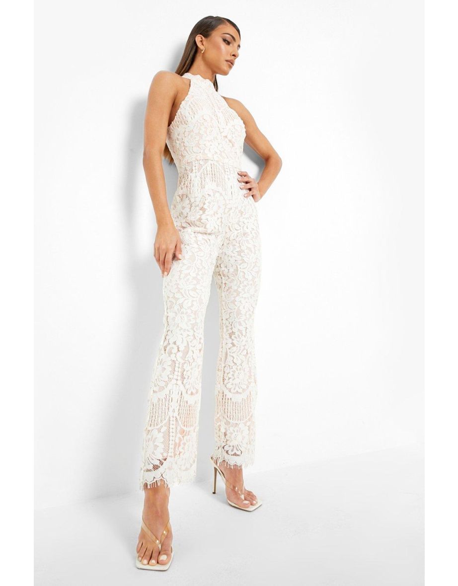 Lace Halter Neck Sleeveless Jumpsuit - white