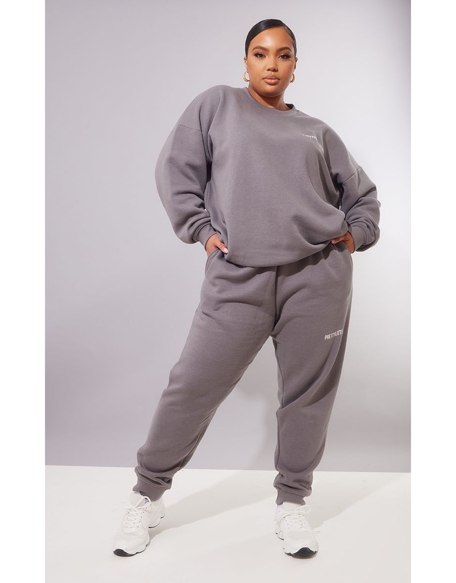 PRETTYLITTLETHING Plus Charcoal Grey Oversized Slogan Joggers