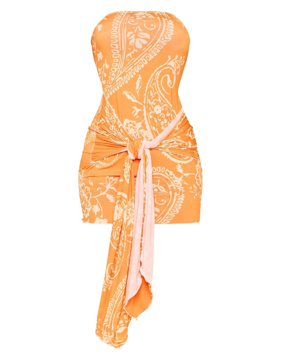 Orange Paisley Slinky Wrap Drape Bandeau Bodycon Dress - 4