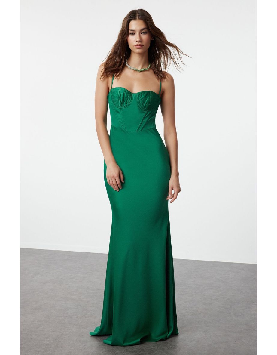Emerald Green Woven Satin Mermaid Cut Long Evening Dress & Graduation Dress