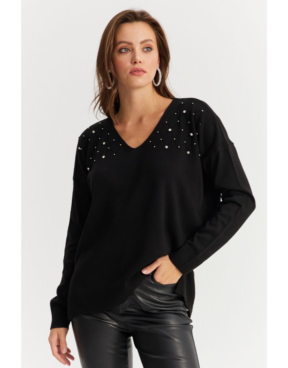 Women's Black V Neck Stoned Thin Knit Blouse