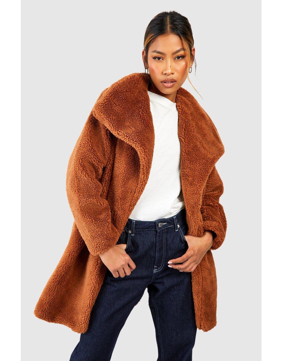 Shawl Collar Teddy Faux Fur Jacket - chocolate