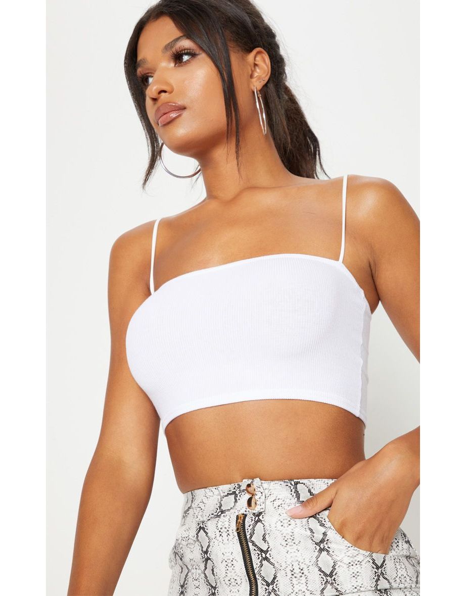 White Rib Spaghetti Strap Crop Top - 4