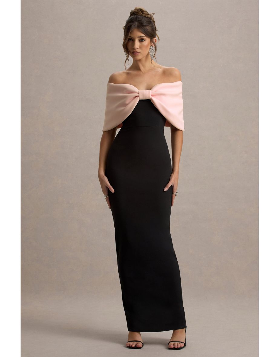 Cornelia | Pink & Black Strapless Maxi Dress With Oversized Bow - 5