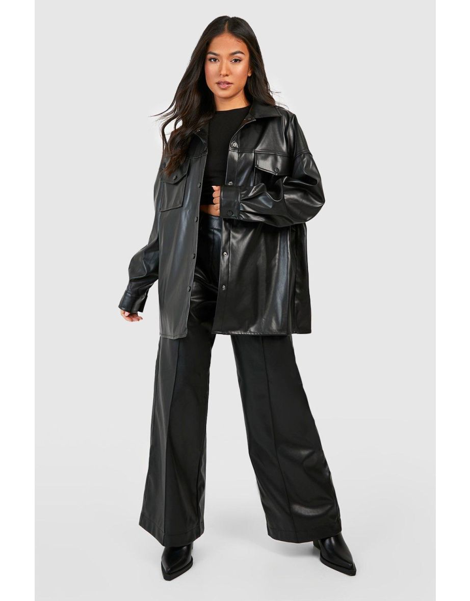 Petite Faux Leather Oversized Shacket - black