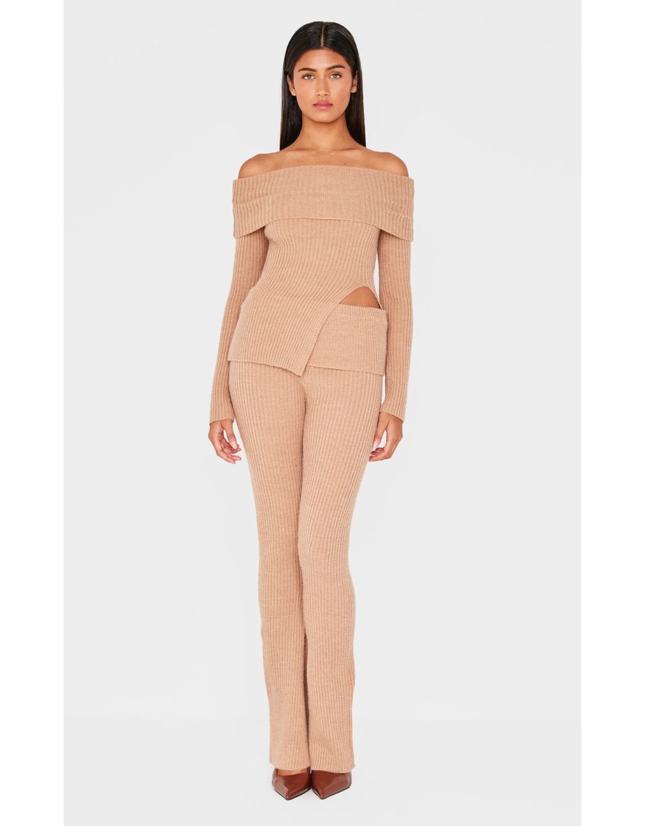 Mocha Flared Leg Knitted Fold Over Waist Trousers