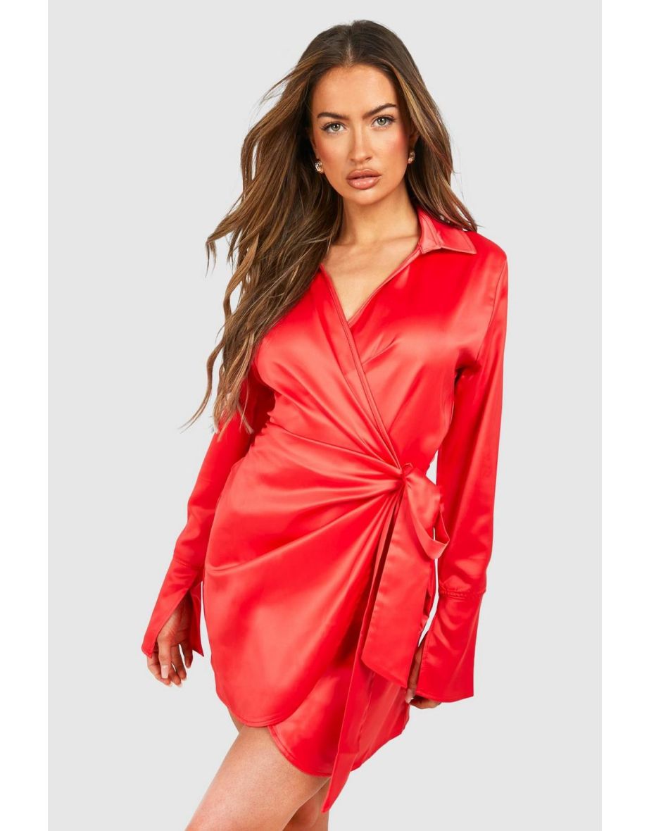 Satin Wrap Mini Shirt Dress - red