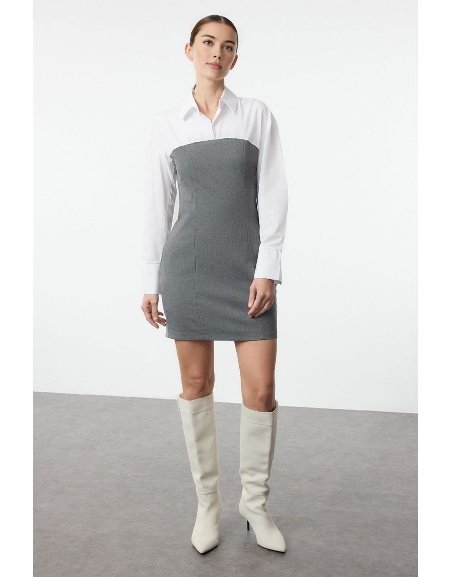 Gray Plain Bodycone Strapless Detailed Mini Woven Shirt Dress