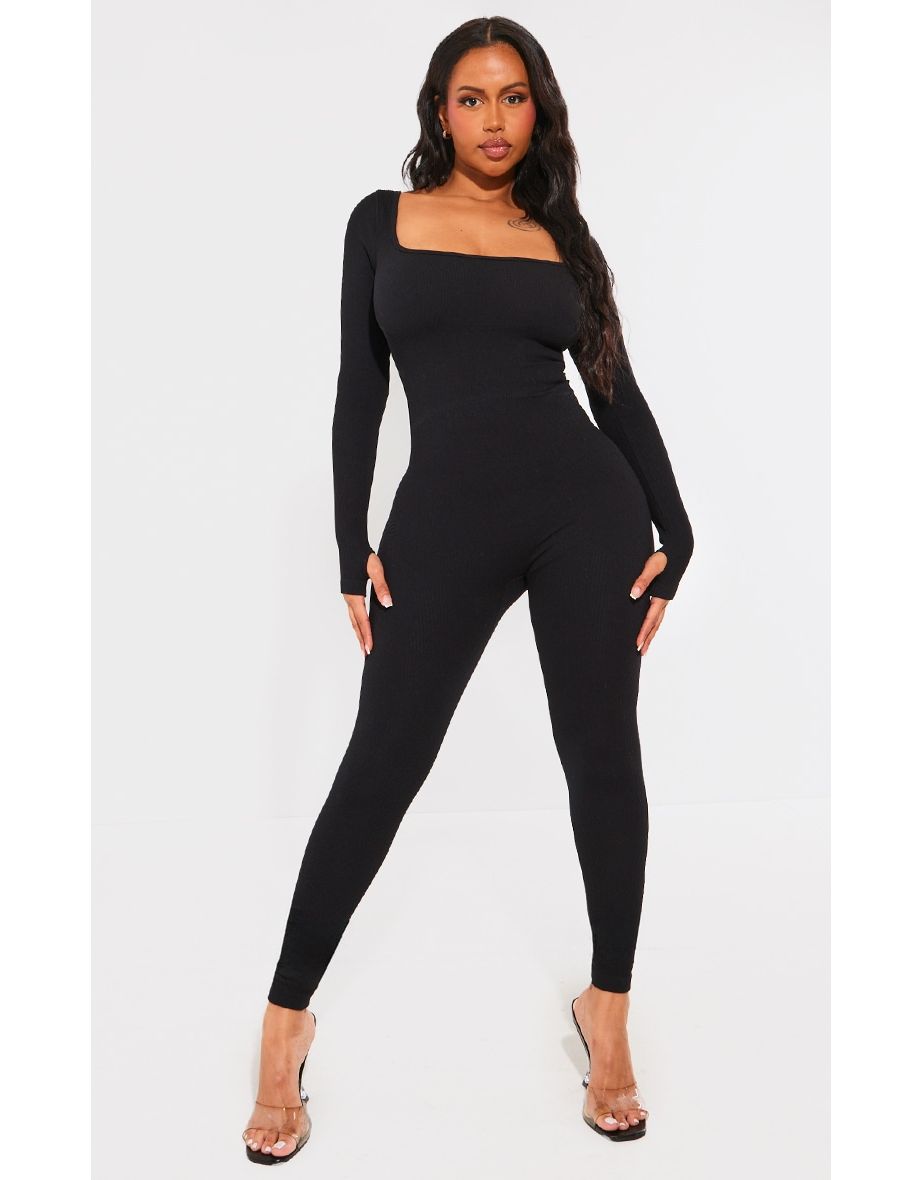 Shape Black Contour Rib Square Neck Thumb Hole Jumpsuit