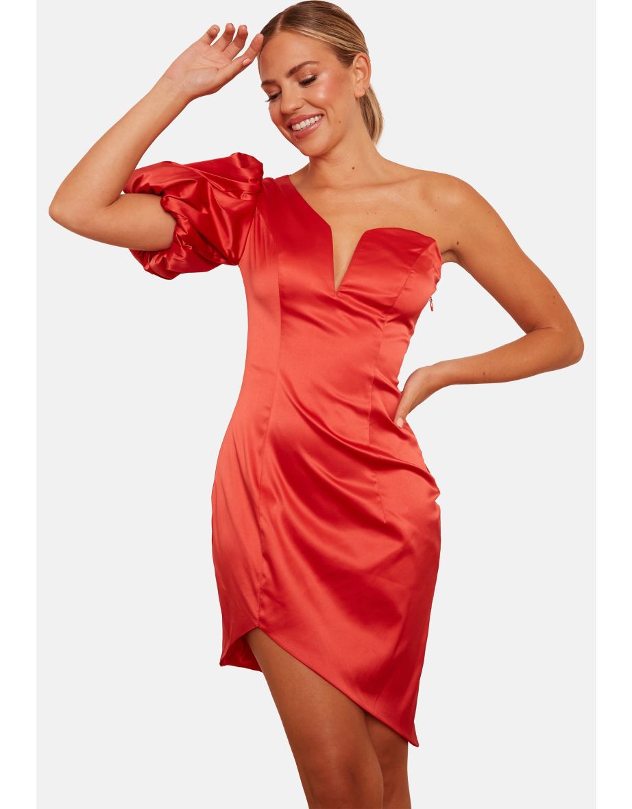 One Shoulder Puff Sleeve Bodycon Dress in Red - 8