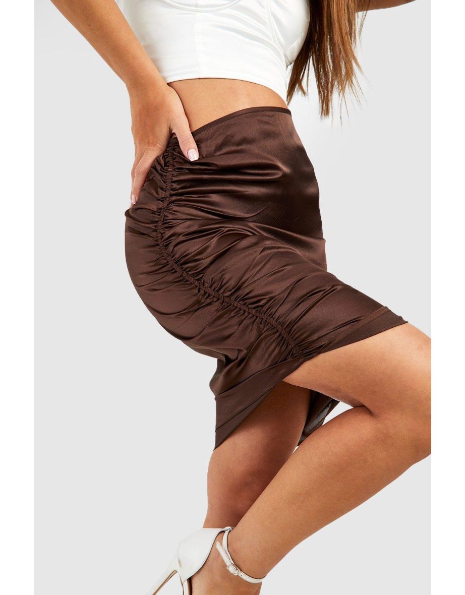 Ruched Side Asymmetric Satin Midi Skirt - chocolate - 3