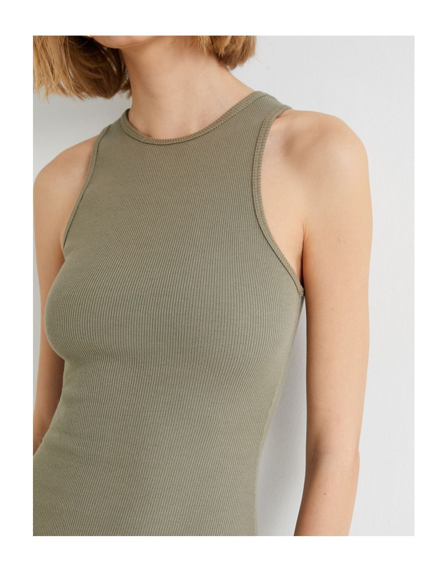 Ribbed Bodycon Dress Midi Length Halter Neck Cotton - 4