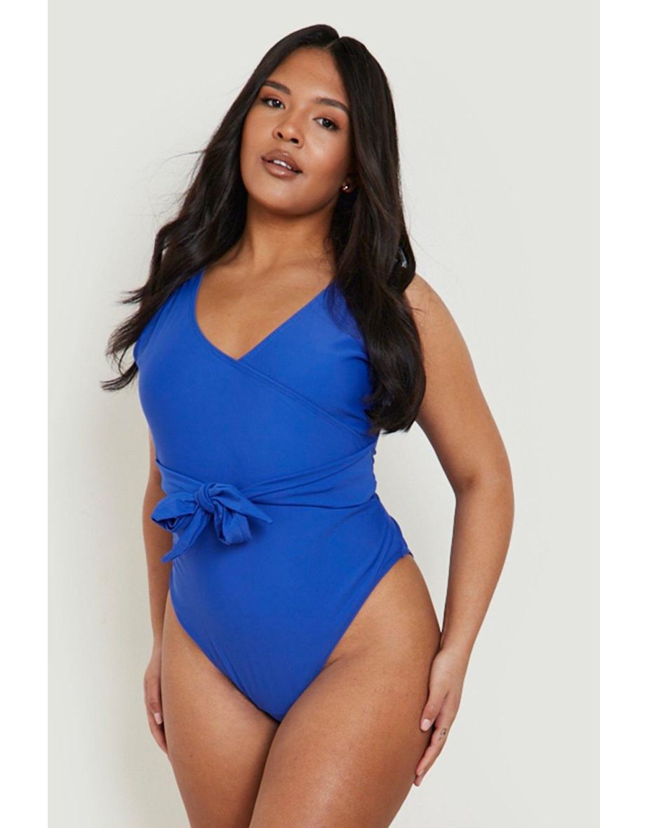 Plus Wrap Belted Control Swimsuit - cobalt