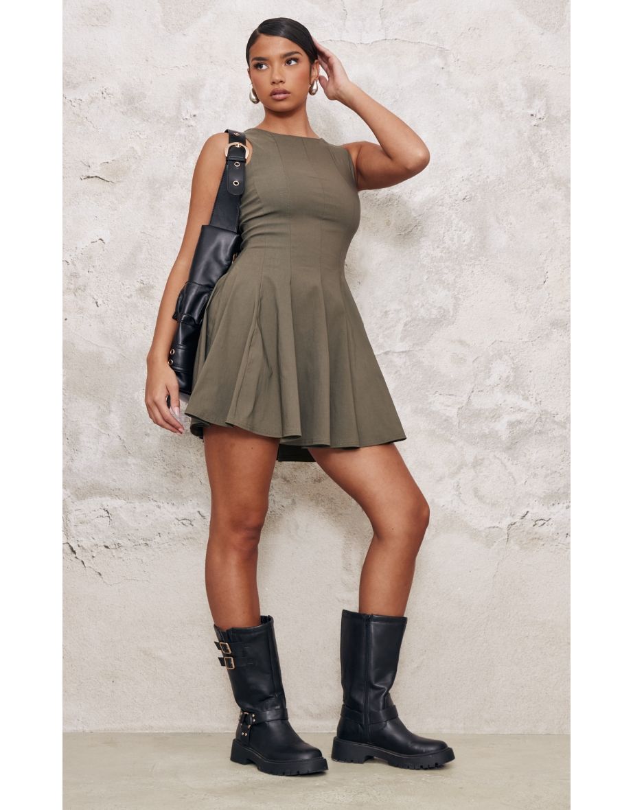Khaki Stretch Woven Racer Pleated Shift Dress