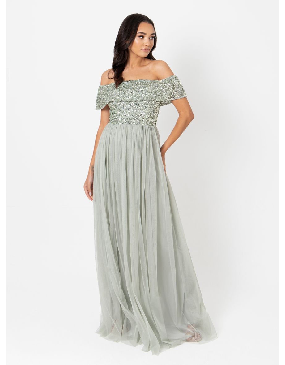Maya Green Lily Bardot Embellished Maxi Dress - 1