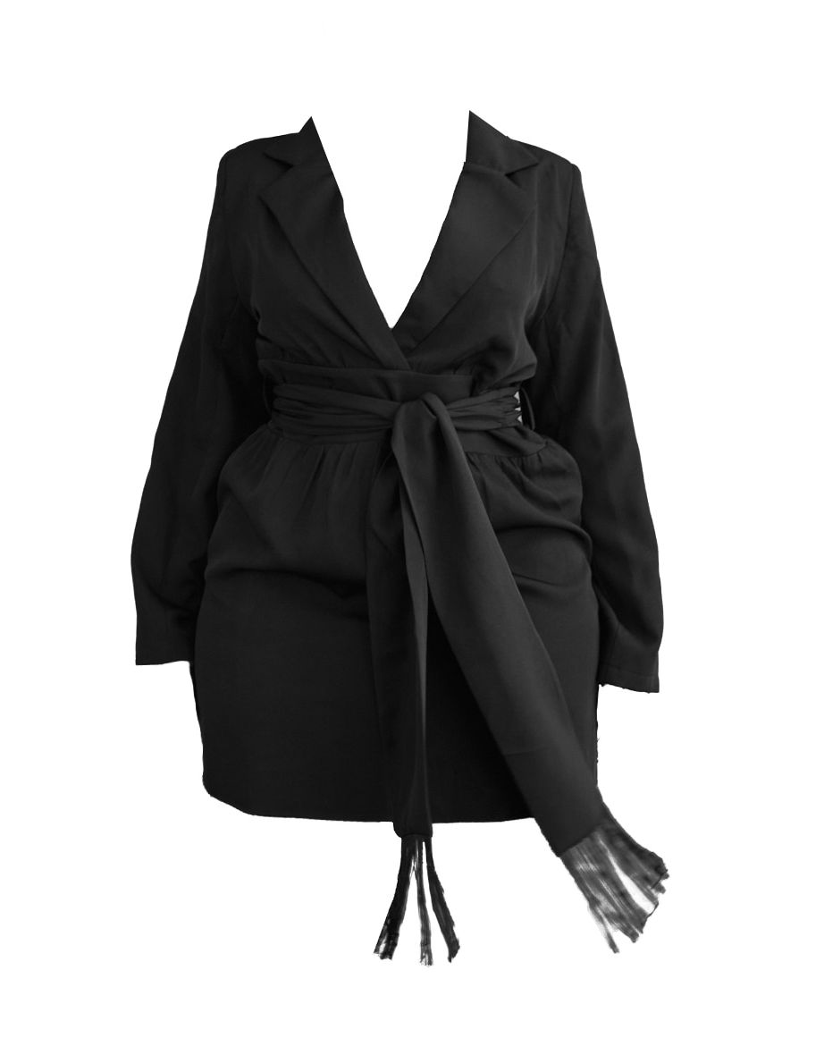 Plus Black Wrap Front Tassel Belted Dress - 4