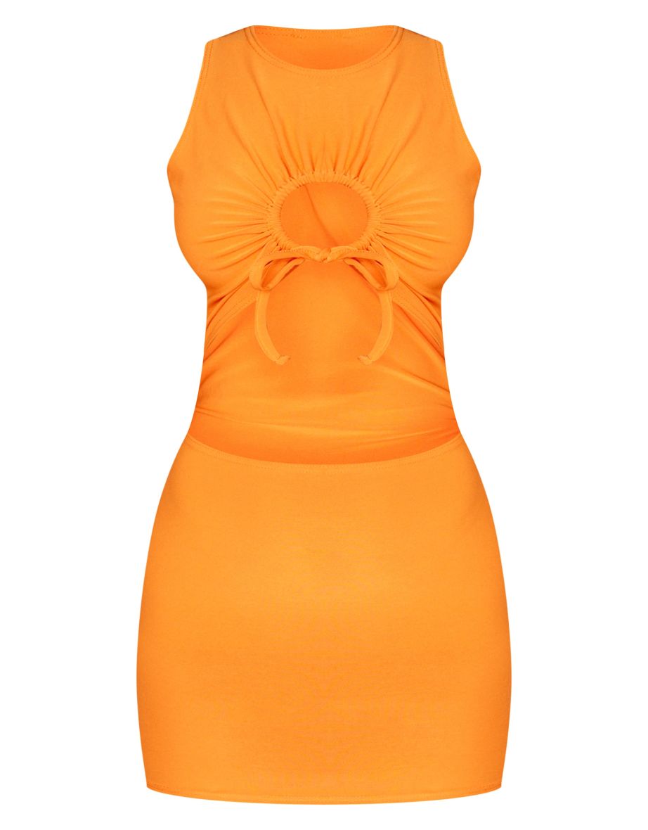 Bright Orange Slinky Cowl Neck Cut Out Bodycon Dress - 4