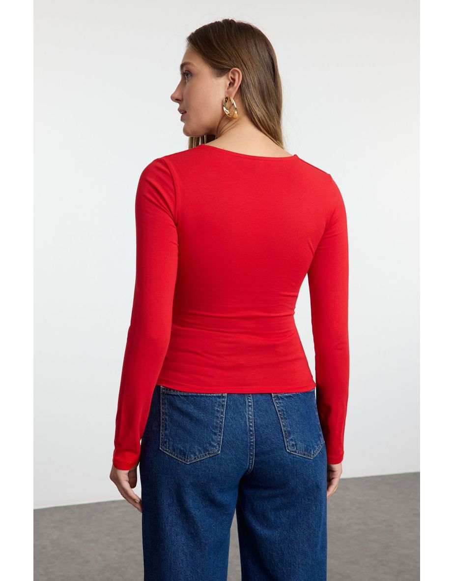 Red Square Neck Gather/Drape Detailed Slim/Fitting Knitted top - 3