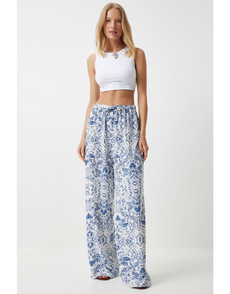 Women's Blue White High Waist Summer Wide Viscose Pants