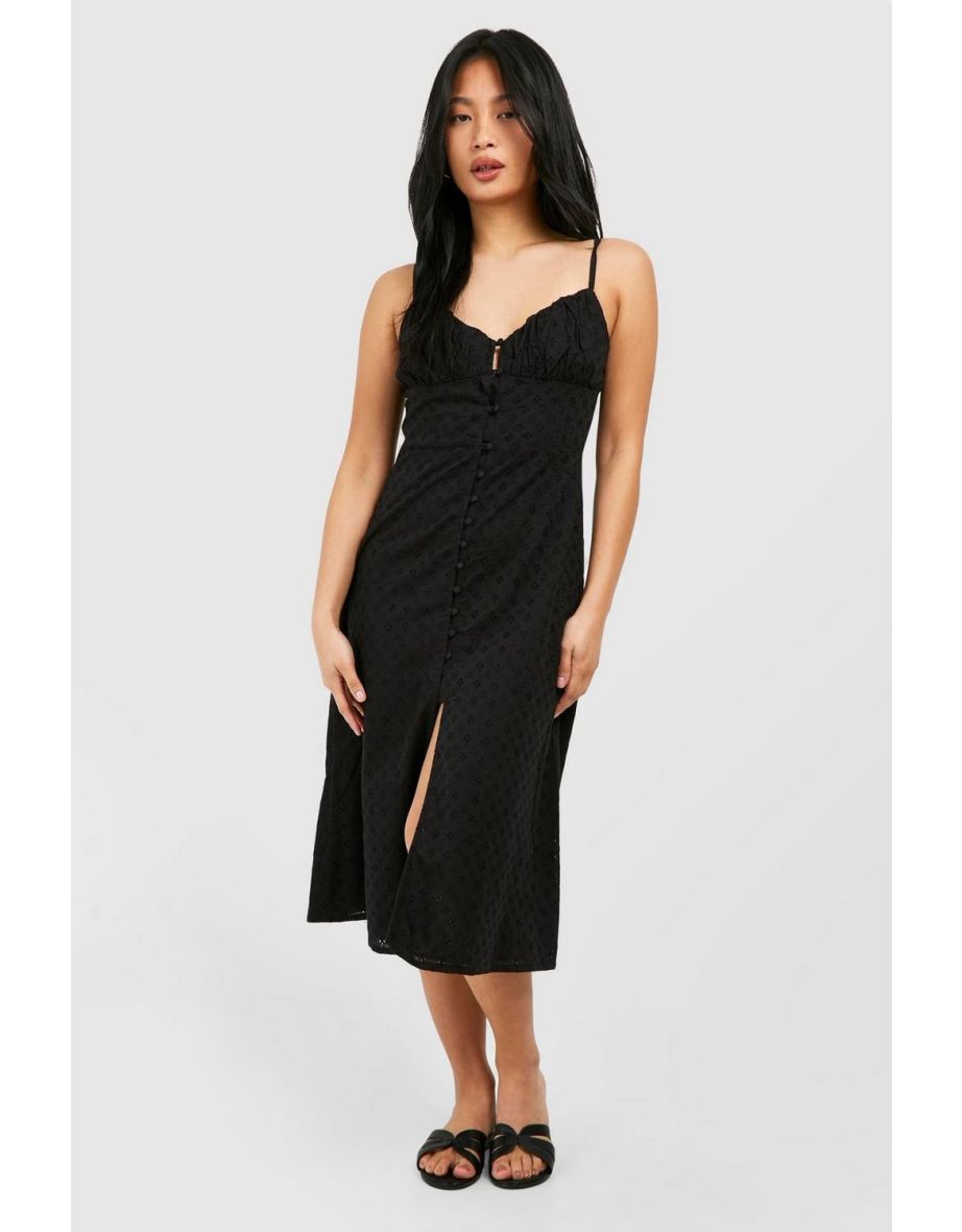 Petite Broderie Button Detail Midi Dress - black