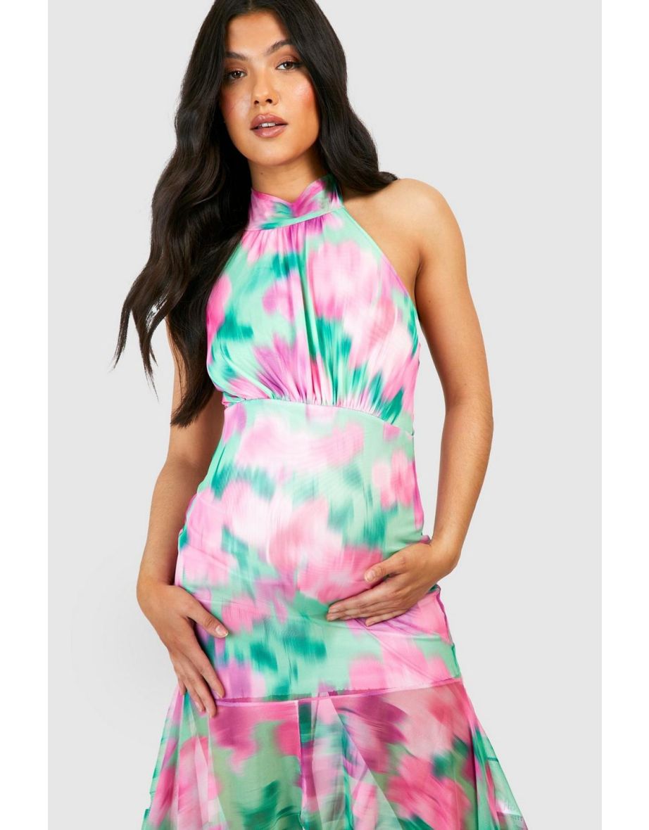 Maternity Floral Halterneck Frill Hem Maxi Dress - green - 3