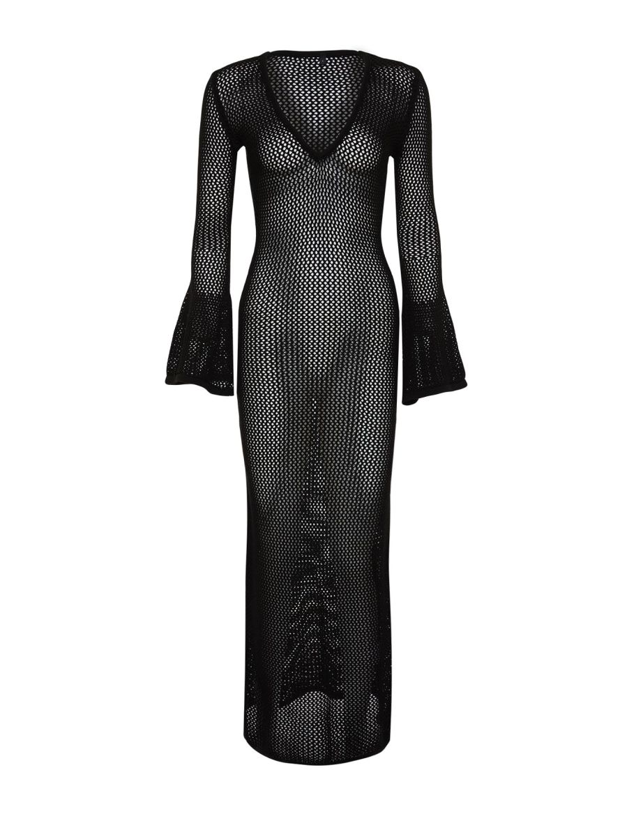 Black Fitted Maxi Knitted Knitwear effect Beach Dress - 9