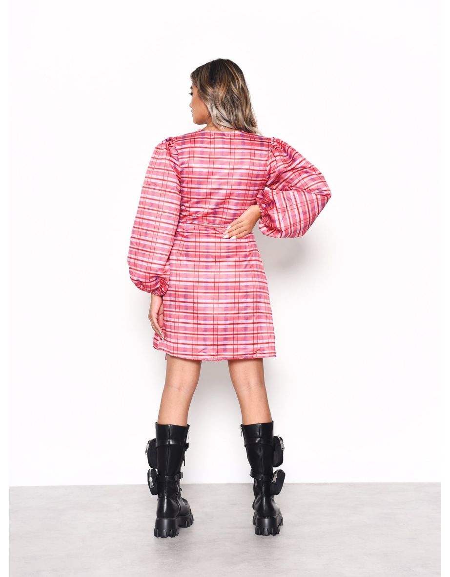 Red Pink Check Wrap Front Mini Dress - 2