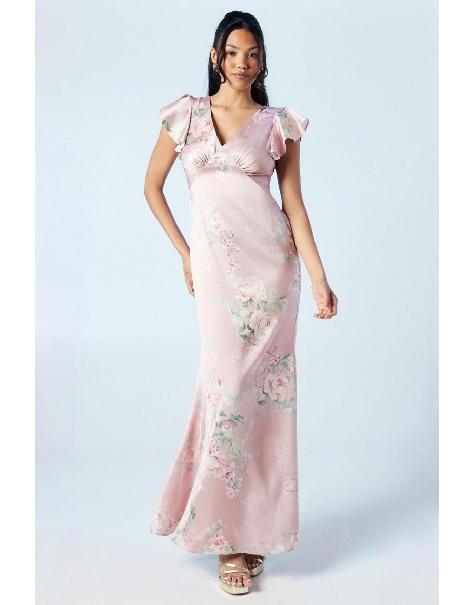 Trailing Blossom Printed Satin Angel Sleeve Bridesmaids Dress
