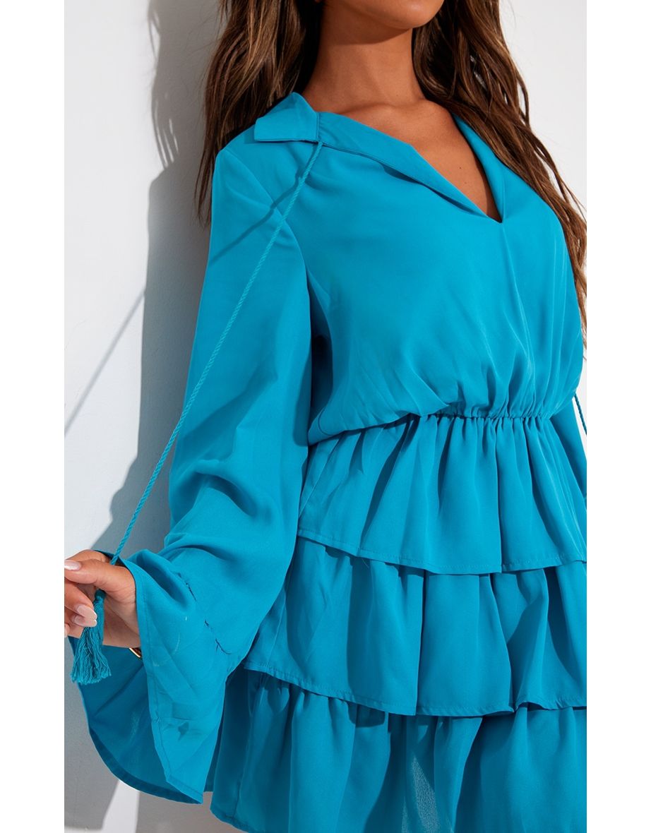 Petrol Blue Satin Frill Tie Shift Dress - 3