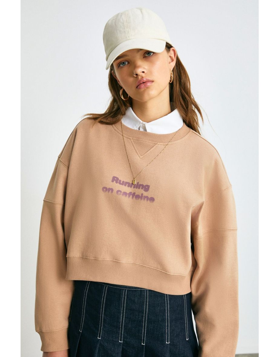 DANBI Women's Crop Knitted Fabric Round Neck Long Sleeve Brown Sweatshirt