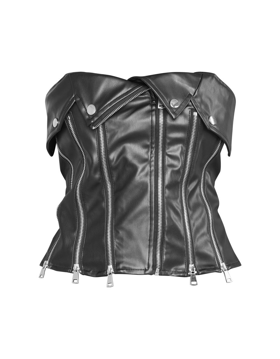 Shape Black Faux Leather Zip Detail Corset Top - 4