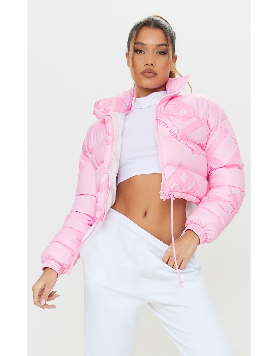 PRETTYLITTLETHING Pink Tonal Logo Cropped Puffer