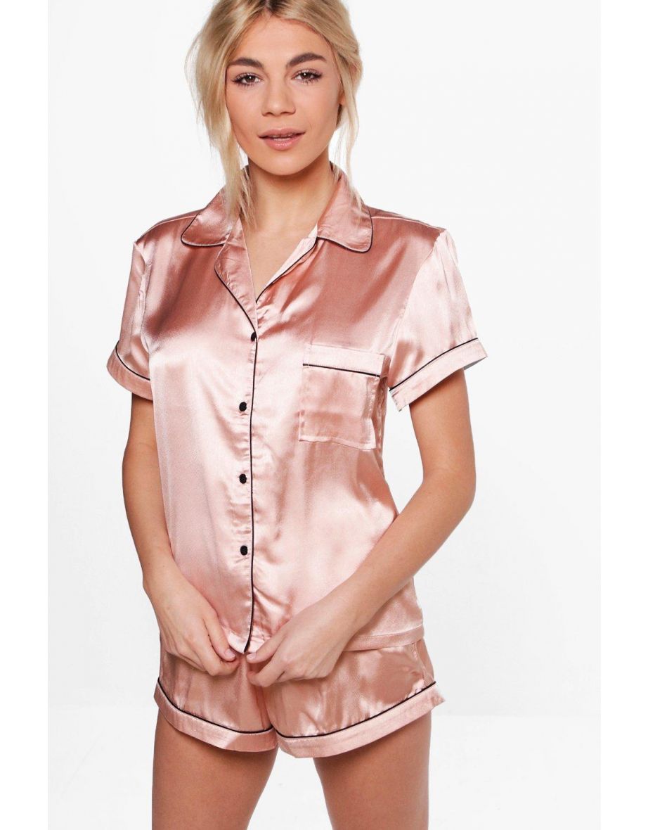 Satin PJ Short Set With Contrast Piping - rose gold
