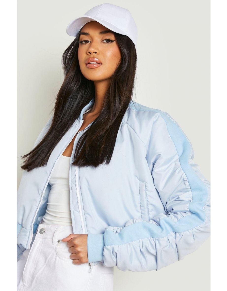 Padded Ruched Sleeve Crop Bomber - sky blue - 3