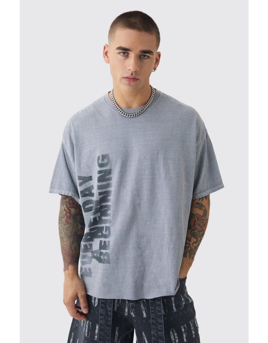 Oversized Boxy Washed Slogan T-shirt - charcoal