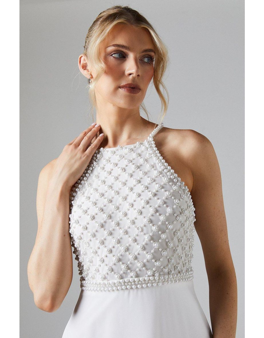 Halterneck Pearl Embellishment Georgette Wedding Dress - 3