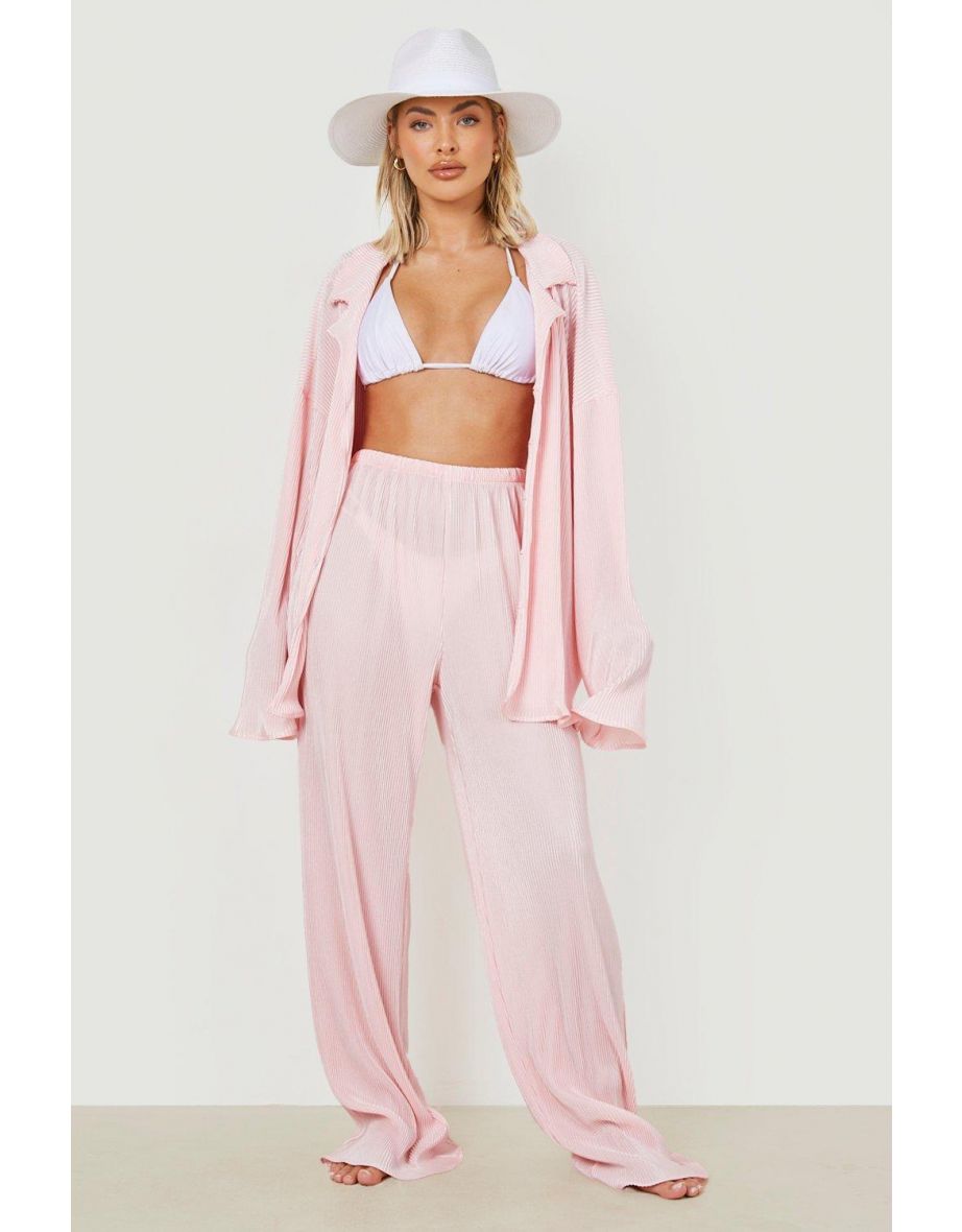 Bride Plisse Wide Leg Beach Trousers - rose pink