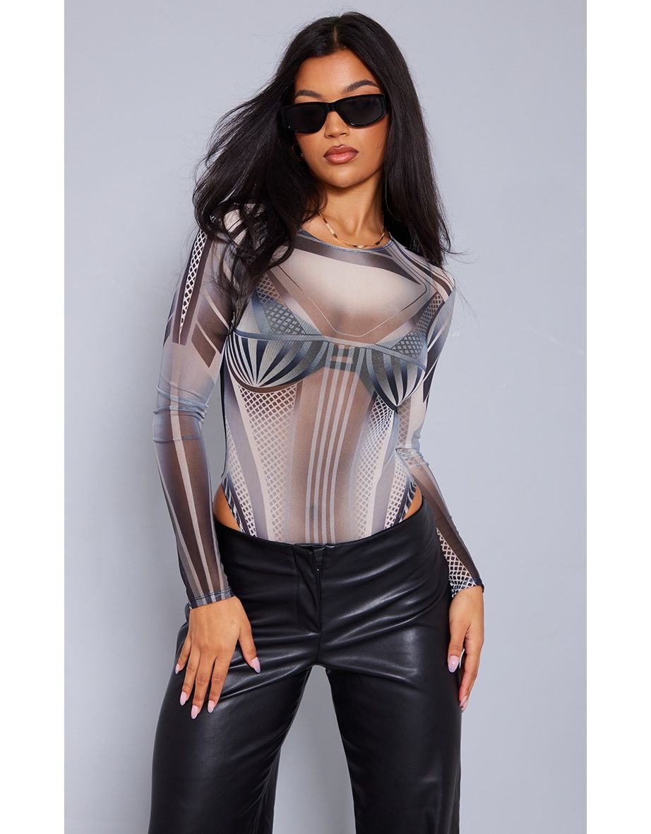 Grey Corset Print Mesh Bodysuit