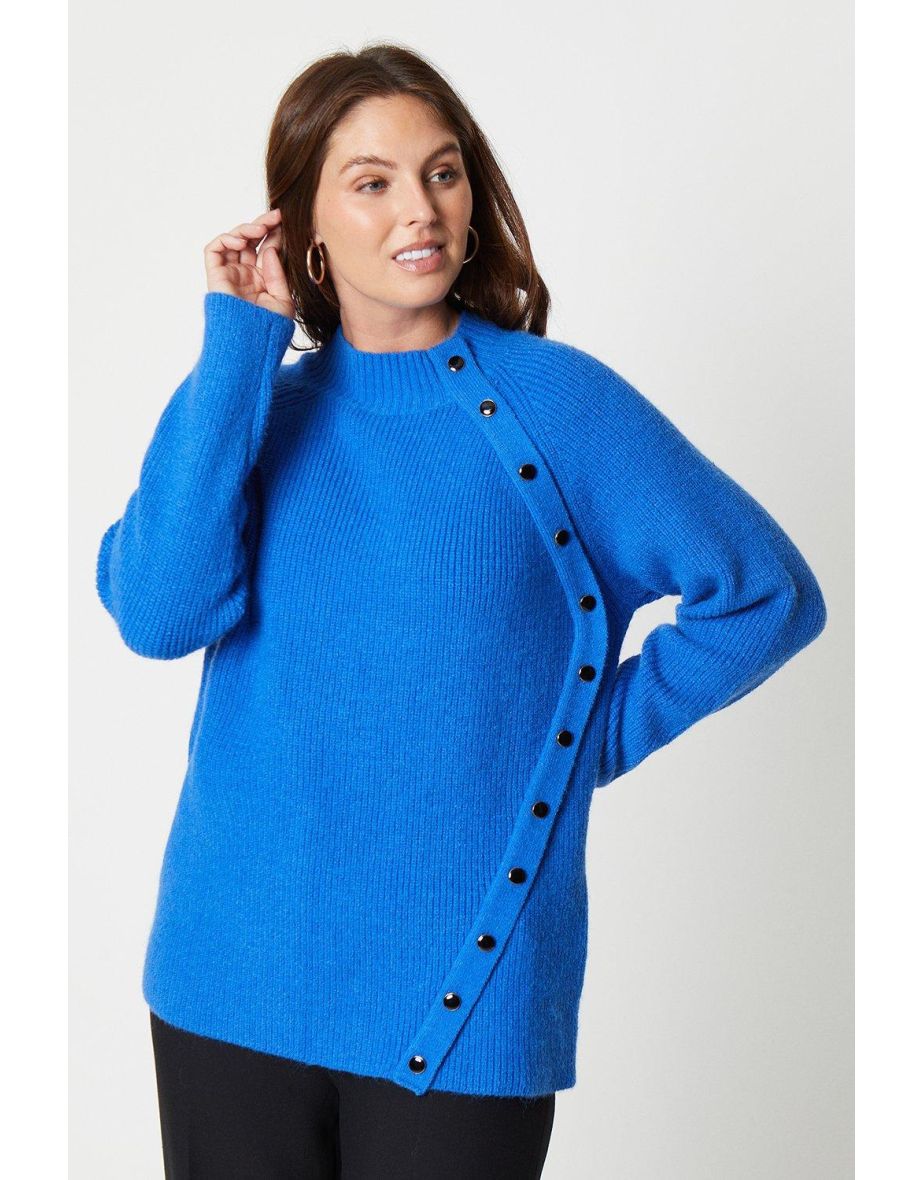 Button Detail Funnel Neck Jumper - blue