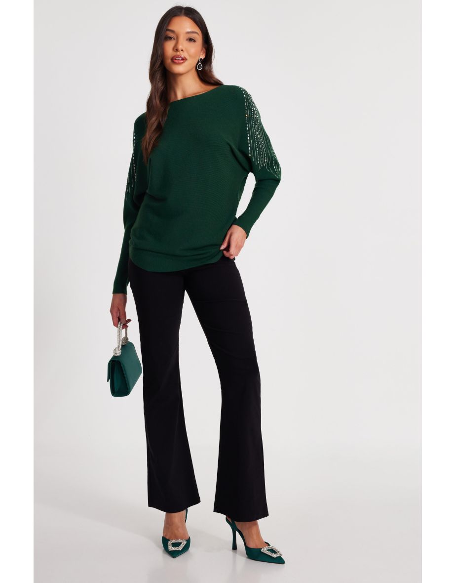 Bottle Green Knitted Diamante Jumper