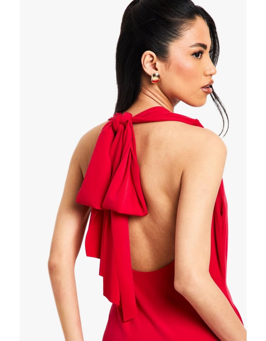 Tie Plunge Back Mini Dress - red - 3