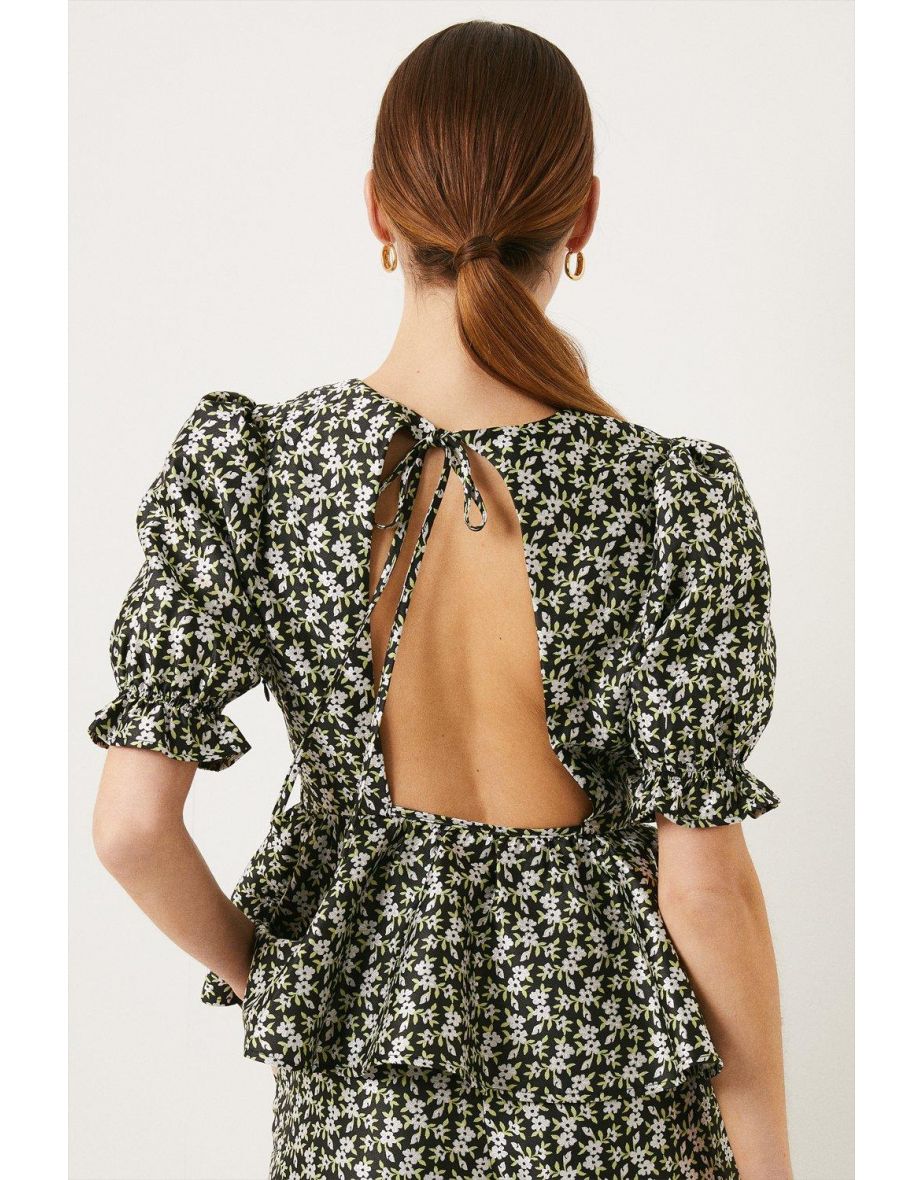 Floral Jacquard Peplum Top - 2
