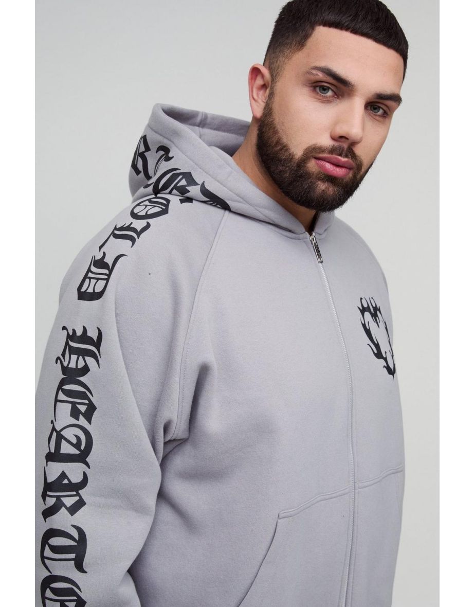 Plus Oversized Boxy Gothic Heart Print Gusset Hooded Tracksuit - grey marl - 2