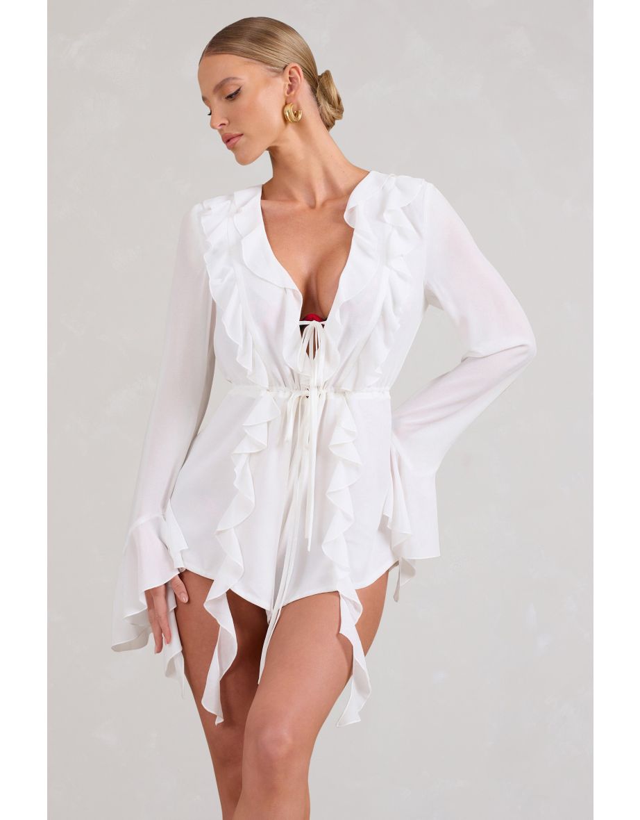 Sauvage | White Chiffon Ruffle Plunge Long Sleeve Playsuit - 6